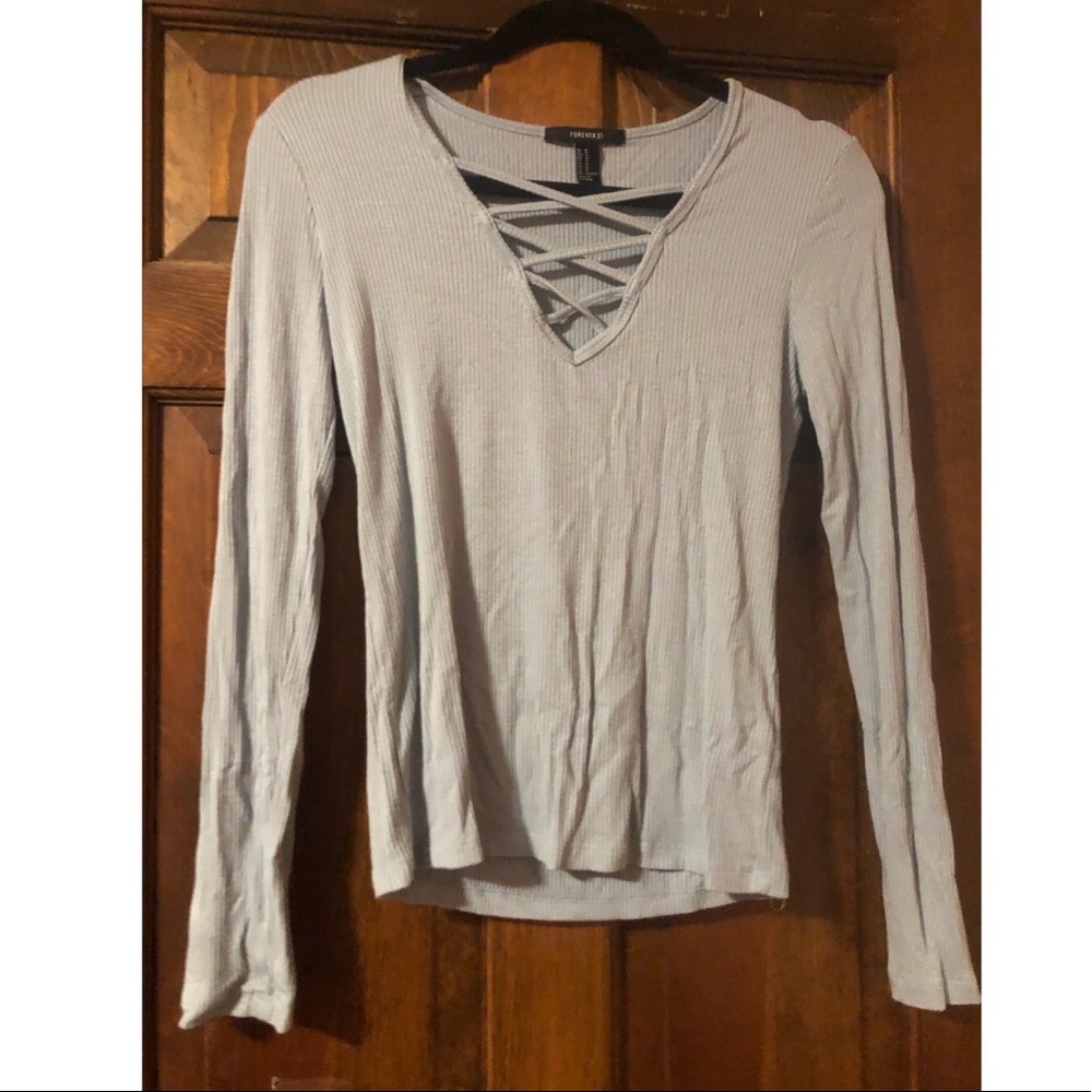 Criss Cross V Neck Blue Long Sleeve